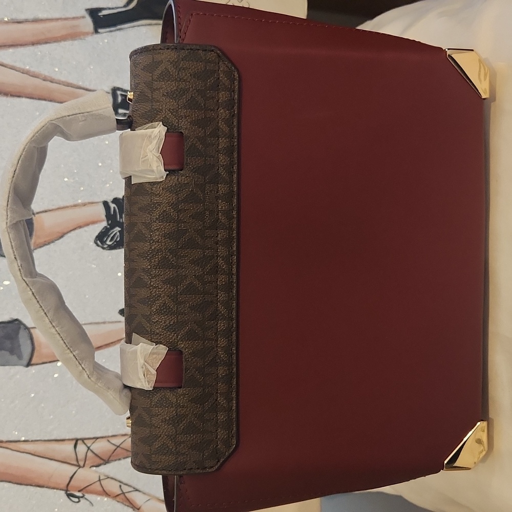 Michael Kors Dark Cherry and Brown Signature Leather Satchel/Crossbody NWT - Picture 2 of 9